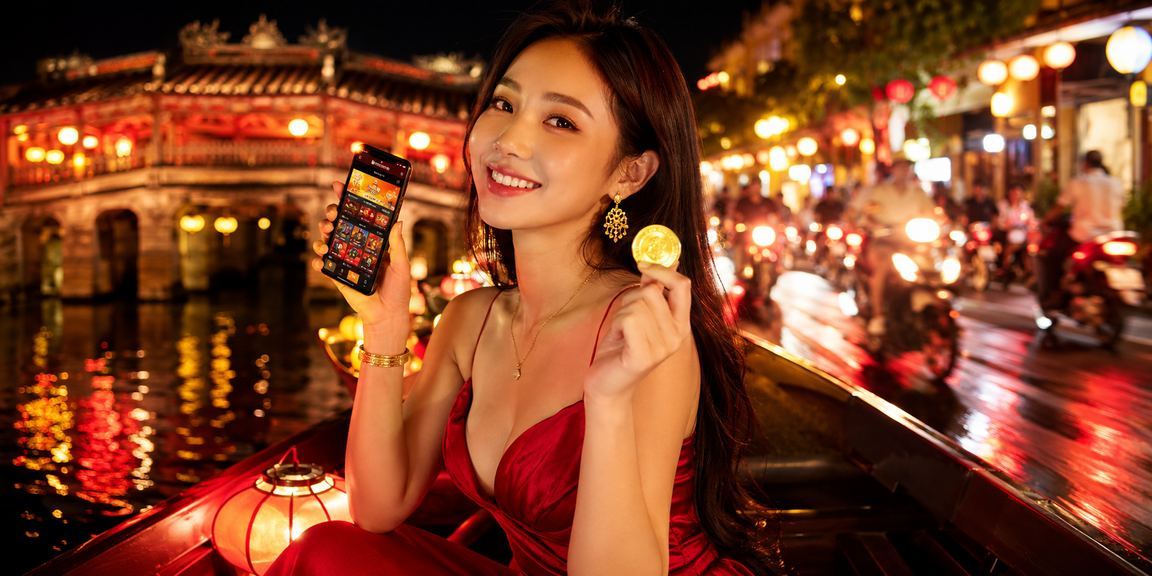 Người dùng Hội An dùng di động tại chợ đêm để kích hoạt ưu đãi casino